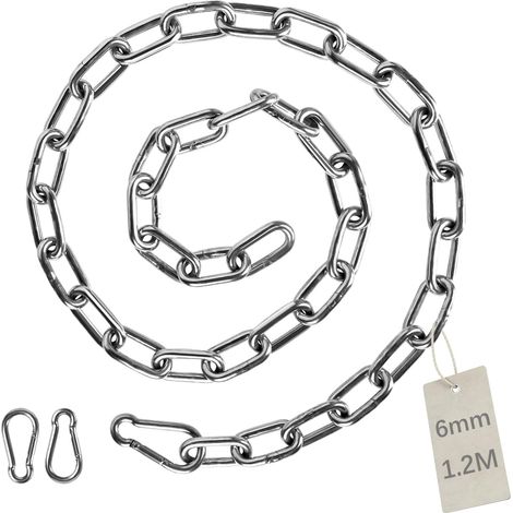 1,2 M Lange Edelstahlkette (6 Mm Durchmesser) Mit 2 Karabinerhaken, Geeignet Als Laufkette, Hundekette, Robuste Trockenkette, Ankerkette, Schaukelkette, Maximale Tragfähigkeit 400 Kg