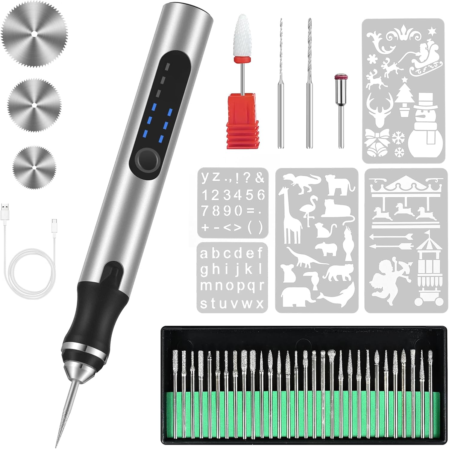 Elektrischer Gravierstift – Usb-wiederaufladbares Gravierwerkzeug-set – Mit 37 Spitzen Und 5 Schablonen (silber)