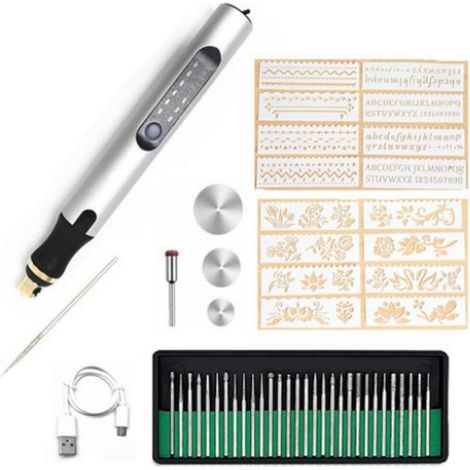 Elektrischer Gravierstift, 3 Einstellbare Geschwindigkeiten, Wiederaufladbares Kabelloses Gravierwerkzeug, 51-teiliges Set (silber)