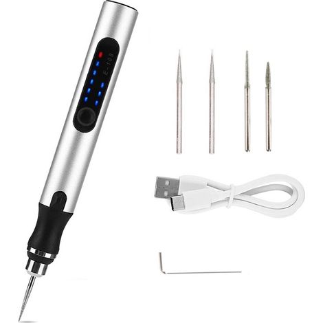 Elektrischer Gravierstift, 3 Einstellbare Geschwindigkeiten, Wiederaufladbares Kabelloses Gravierwerkzeug, 5-teiliges Set (silber)
