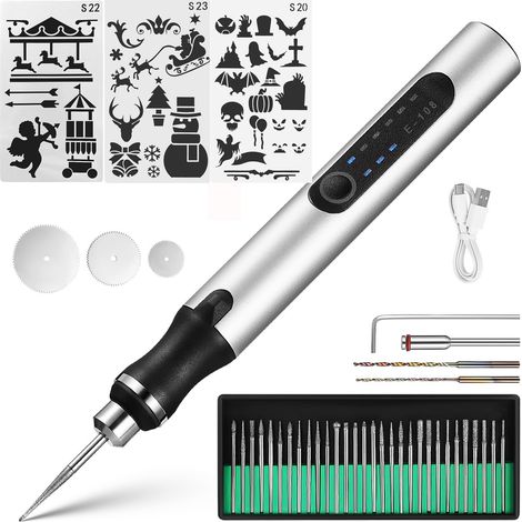 Elektrischer Gravierstift, 3 Einstellbare Geschwindigkeiten, Wiederaufladbares Kabelloses Gravierwerkzeug, 41-teiliges Set (silber)