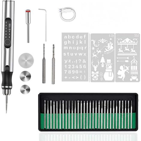 Elektrischer Gravierstift, 3 Einstellbare Geschwindigkeiten, Wiederaufladbares Kabelloses Gravierwerkzeug, 42-teiliges Set (silber)
