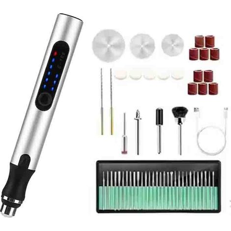 Elektrischer Gravierstift, 3 Einstellbare Geschwindigkeiten, Wiederaufladbares Kabelloses Gravierwerkzeug, 57-teiliges Set (silber)