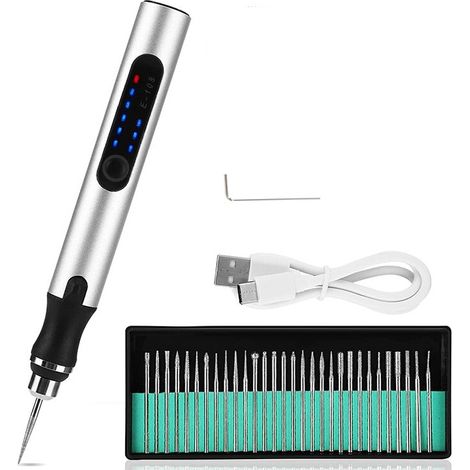 Elektrischer Gravierstift, 3 Einstellbare Geschwindigkeiten, Wiederaufladbares Kabelloses Gravierwerkzeug, 31-teiliges Set (silber)