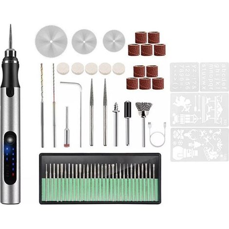 Elektrischer Gravierstift, 3 Einstellbare Geschwindigkeiten, Wiederaufladbares Kabelloses Gravierwerkzeug, 63-teiliges Set (silber)