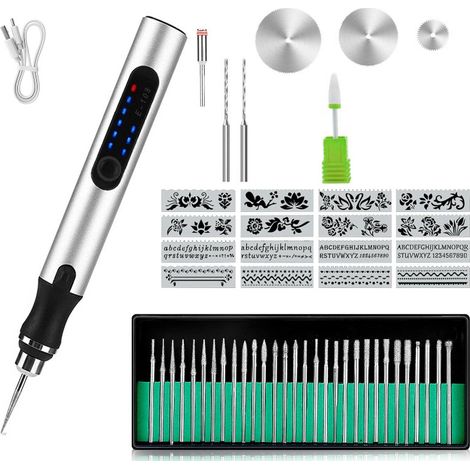 Elektrischer Gravierstift, 3 Einstellbare Geschwindigkeiten, Wiederaufladbares Kabelloses Gravierwerkzeug, 54-teiliges Set (silber)