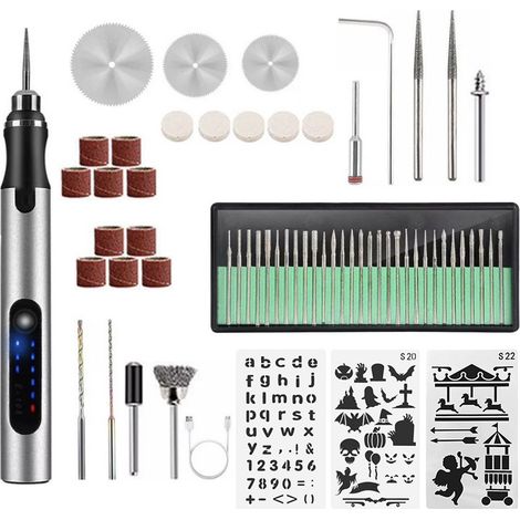 Elektrischer Gravierstift, 3 Einstellbare Geschwindigkeiten, Wiederaufladbares Kabelloses Gravierwerkzeug, 62-teiliges Set (silber)
