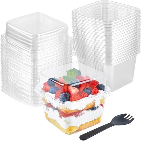50-teiliges Set Aus Dessertbechern Aus Kunststoff Mit Deckel, 240 Ml Quadratische Dessertbecher, Perfekte Transparente Vorspeisenbecher, Wiederverwendbare Servierschalen Mit Gabeln Für Pudding, Mousse