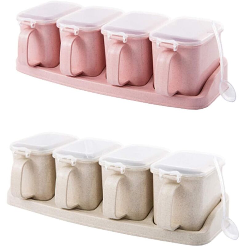 2-teilige Gewürzbox Mit 4 Fächern, Gewürzbox, Würzmittelbox, Küchenutensil, Für Zucker, Gewürze, Salz, Pfefferpulver (beige, Rosa) - Fei Yu