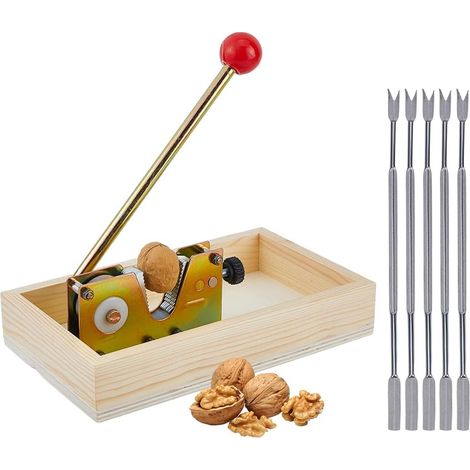 - Manueller Nussknacker - Verstellbarer Nussknacker Mit Holzsockel Und 5 Zinken - Für Haselnüsse, Mandeln Und Macadamianüsse - Stahl Und Holz - 28 X 15 X 8 Cm