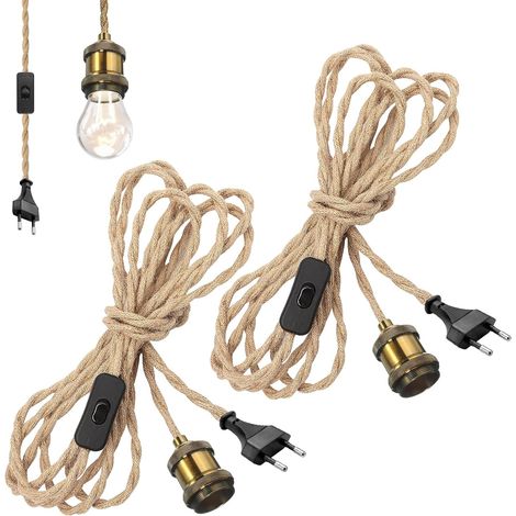 2-teiliges Hanfseil-kronleuchter-set, Vintage-e27-lampenfassung Mit Kabel, Hängeleuchte Aus Hanfseil, 4,6 M Langes Kabel, Fassung Mit Schalter Für Zuhause, Schlafzimmer