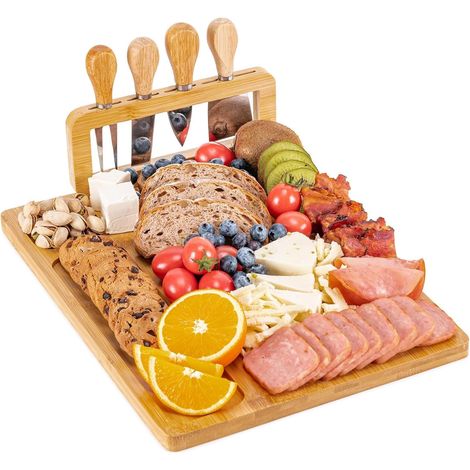 Bambus-käsebrett-set, 35 Cm X 27 Cm, Servierbrett Für Wurst Und Käse Mit 4 Käsemessern Für Weihnachten, Hochzeiten, Einweihungsfeiern, Thanksgiving Und Partys