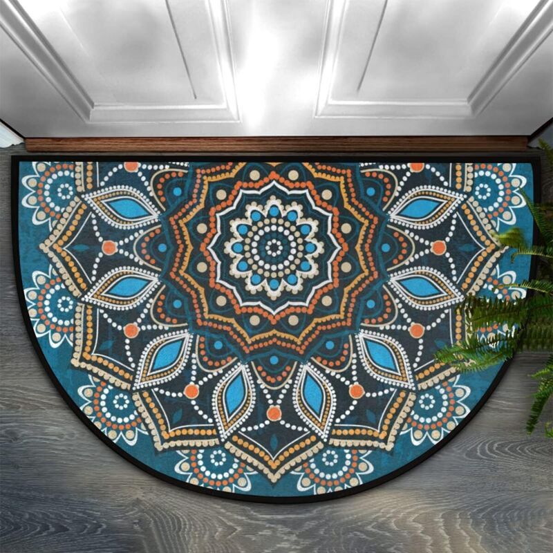 Runde, Halbkreisförmige Fußmatte Mit Blauem Mandala-muster, Rutschfeste Halbkreis-eingangsmatte Für Bad, Küche Und Wohnzimmer – 6090 Cm