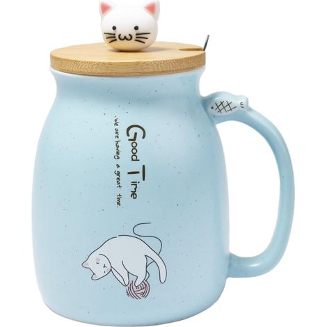 Niedlicher Becher – Großer Katzenbecher Mit Deckel Und Löffel – Ideal Für Tee Oder Kaffee – Entzückendes Kätzchen – Blau