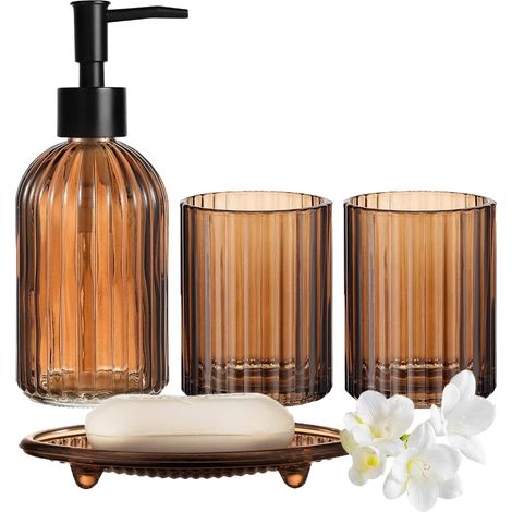Badezimmer-accessoire-set – Seifenspender, Bürstenhalter, Becher, Seifenschale – Kosmetikaufbewahrung, Tägliche Hygiene – Braun – Variable Abmessungen