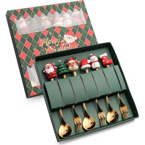 6-teiliges Weihnachtsbesteck-set Aus Edelstahl: Teelöffel, Dessertlöffel, Kaffeelöffel, Rührlöffel, 3 Löffel Und Gabel In Geschenkbox.