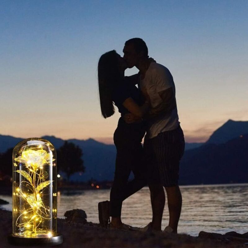 Ewige Rose Unter Glaskuppel, Motiv: Die Schöne Und Das Biest Mit Led-beleuchtung, Geschenkidee Für Frauen Und Mädchen (galaxierose/goldene Blätter) – Fei Yu