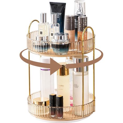- Make-up-organizer - Drehbarer Organizer - 360° Kosmetikaufbewahrung - Badezimmer- Und Schminktischregal - Bernstein Und Gold - 2 Ebenen
