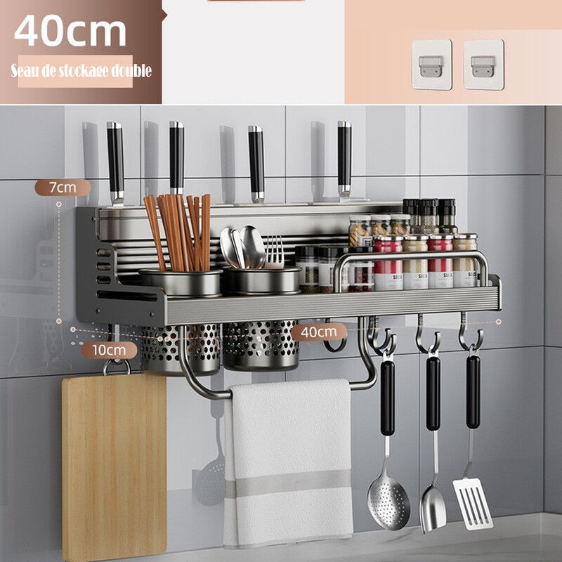 Crea Multifunktionales, Wandmontiertes Küchenregal Mit Bohrschutz, Essstäbchen- Und Messerhalter, Haushaltsregal, Gewürzregal Aus Aluminium (doppelfass)