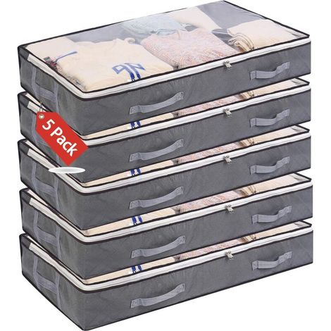 Aufbewahrungstaschen Für Unter Das Bett, 5er-set, Kleiderschrank-organizer, Große, Weiche Tasche Mit Sichtfenster, Verstärkten Griffen, Reißverschluss, Vliesstoff, Faltbar, 100 X 50 X 15 Cm, Grau