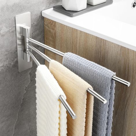Handtuchhalter – Edelstahl – 180° Drehbar – 3 Stangen – Kein Bohren Erforderlich – Badezimmer – Silber – 60 X 10 X 5 Cm