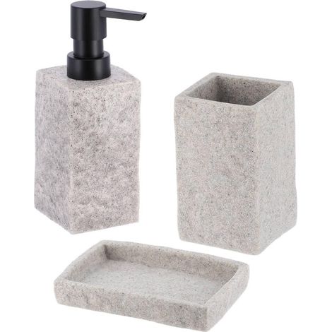 Set – Becher – Seifenspender – Seifenschale – Polyresin In Steinoptik – Badezimmer – Grau – 3-teilig