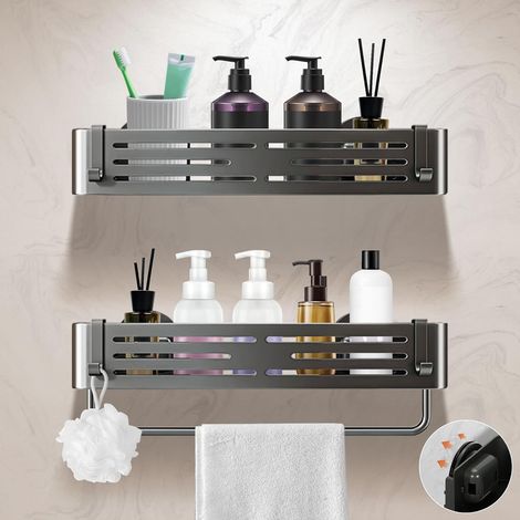 2er-set – Duschablage/handtuchhalter – Edelstahl/aluminium – Saugnapfbefestigung – Kein Bohren Erforderlich – Bad- Und Küchenorganizer – Anthrazitgrau – 32 X 13 X 6,6 Cm