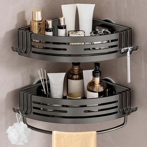 2er-set – Eckregal Für Badezimmer – Handtuchhalter Aus Aluminium – Saugnapfbefestigung Ohne Bohren – Aufbewahrung Für Dusche Und Küche – Anthrazitgrau – 22 X 22 Cm