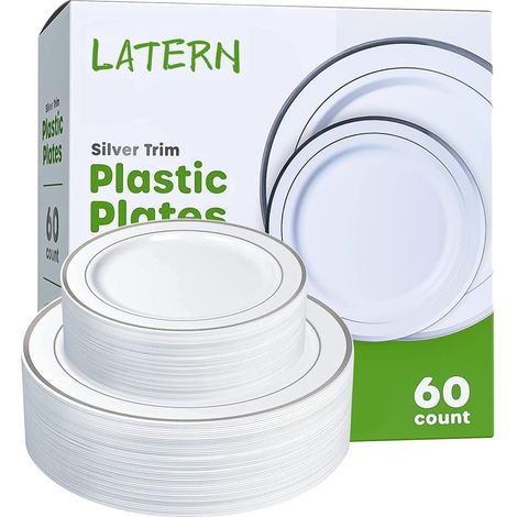 60-teiliges Silberfarbenes Kunststoff-geschirrset, 30 Speiseteller (26 Cm) + 30 Salatteller (19 Cm), Wiederverwendbar Für Geburtstage, Hochzeiten, Desserts, Gartenpartys