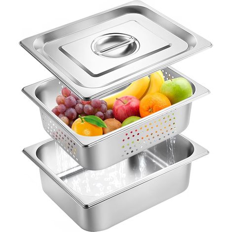 Halbe Edelstahl-gastronormpfanne, Rechteckige Edelstahlschale Mit Deckel Und Perforiertem Einsatz, 32,5 × 26,5 Cm, Robust, Langlebig Und Leicht Zu Reinigen