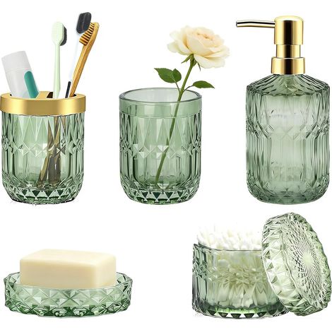 5-teiliges Badezimmer-accessoire-set Aus Glas: Lotionspender, Seifenschale, Zahnbürstenhalter, Becher, Wattestäbchenhalter, Grün