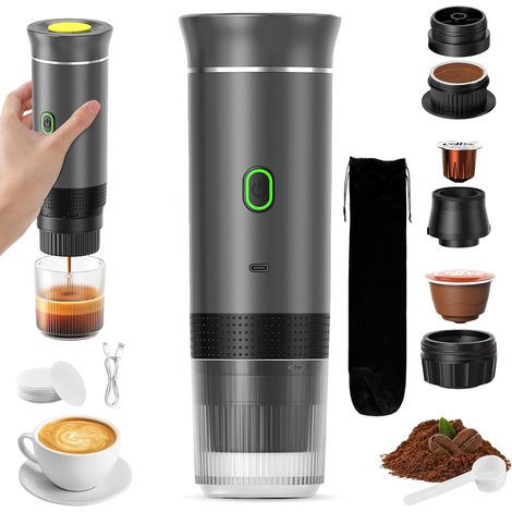 Tragbare Reise-kaffeemaschine, Schnellheizende 3-in-1-kaffeemaschine 12 V, 4-6 Minuten Automatische Aufheizzeit, Große Kapseln, Gemahlener Kaffee, Für Camping, Büro, Zuhause, Auto (asche)