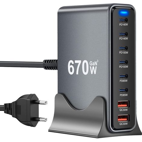 670w Usb C Ladegerät, 8 Ports Schnellladegerät Ladegerät Für Macbook Pro/air,ipad Pro/air,sumsung Usw-schwarz