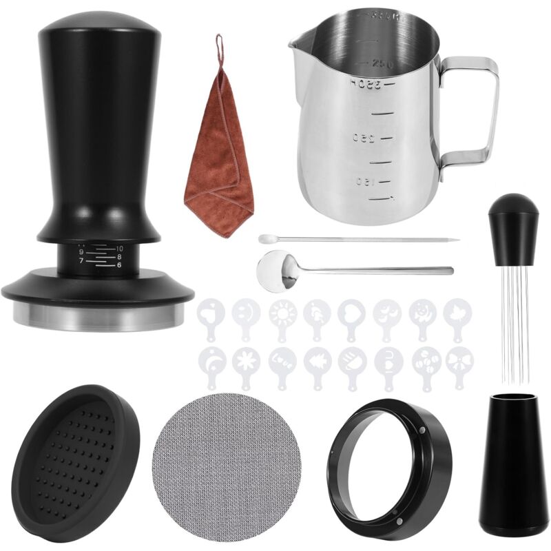 Set Mit 25 Kaffeetampern (51 Mm), Barista-zubehör Inklusive Dosierring, Pucksieb, Tampermatte, Latte-art-stift, Wdt-werkzeug, Milchschaumkännchen, Löffel Und Dekorativen Schablonen Für Espresso