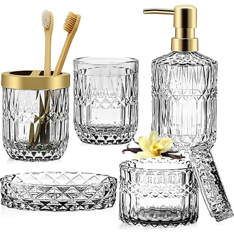 5-teiliges Badezimmer-accessoire-set – Klarglas – Seifenspender, Bürstenhalter, Becher – Geschenkidee – Gold – Keine Genauen Maße