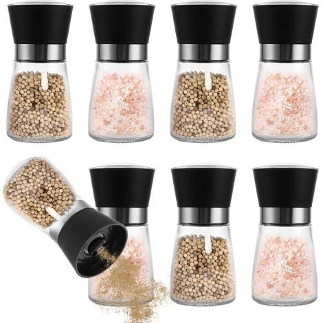 8-teiliges Set – Salzmühle, Pfeffermühle – Verstellbares Keramikmahlwerk – Gehäuse Aus Glas Und Edelstahl – Für Küche Und Tisch – Transparent – 6,4 X 13,5 Cm