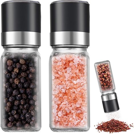2-teiliges Set – Pfeffermühle – Salzmühle – Verstellbare Manuelle Glasmühle Mit Keramikmahlwerk Für Küche Und Esstisch, Transparent, 120 Ml