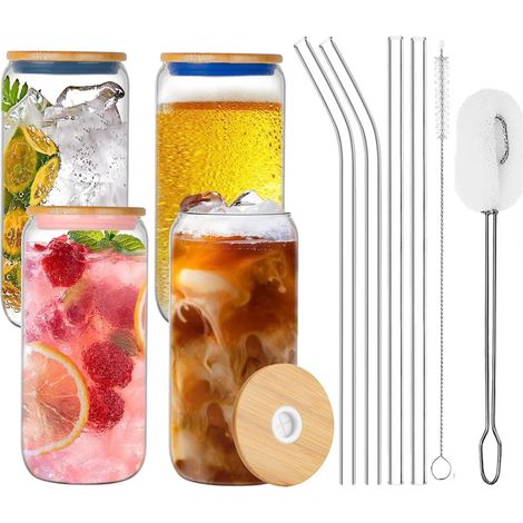 10-teiliges Bierdosen-glas-set, 4 X 600 Ml (20 Oz) Gekühlte Glasdosen Mit 4 Deckeln Und Strohhalmen, 2 X Bürsten – Für Cocktails, Whisky, Milchshakes, Kaffee, Tee Und Limonade