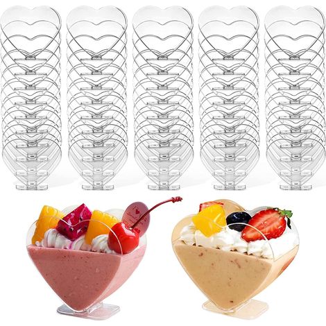50 Stück Dessertbecher Aus Kunststoff, 120 Ml Herzförmige Dessertbecher, Perfekte Transparente Vorspeisenbecher, Wiederverwendbare Servierschalen Für Mousse, Pudding Und Dessertpartys (7,6 X 7,1 Cm)