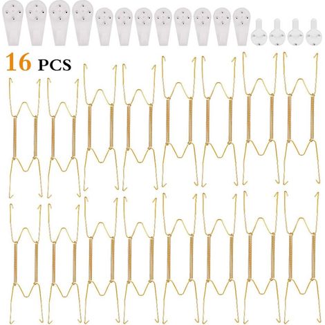 16-teiliges Tellerhalter-set – Wandhaken – Goldfarbener Edelstahl – Für Runde Oder Quadratische Dekoteller – Wohnzimmer, Schlafzimmer, Restaurant – Goldfarben – 15 Cm, 20 Cm, 25 Cm, 30 Cm