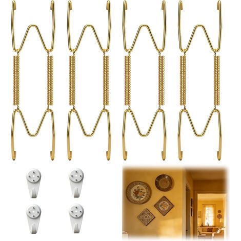 4er-set – Wandtellerhalter – Goldfarbenes Metall – W-förmiges Gummisystem – Für Dekorative Teller Und Schüsseln – Wohnzimmer, Küche, Eingangsbereich – Gold – 25,4 Cm