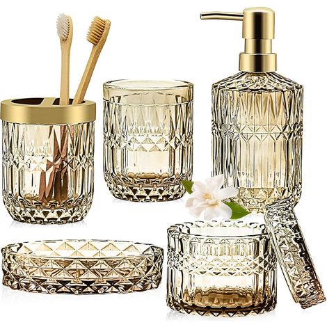 - Badezimmer-accessoire-set - Seifenspender, Zahnbürstenhalter - Tägliche Organisation, Elegante Dekoration - Gold - 5-teilig