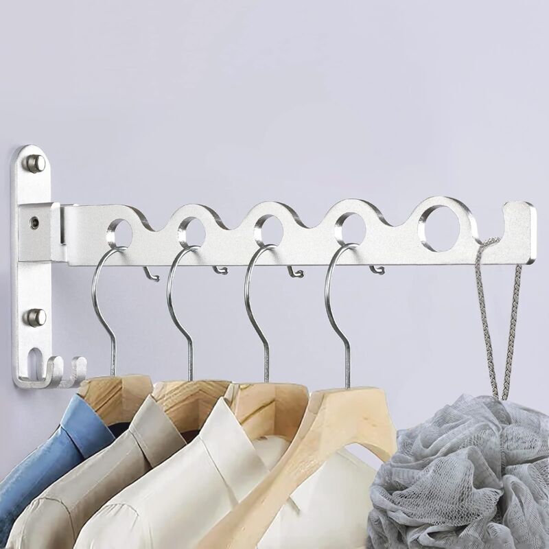Silberner Wandwäscheständer, Wandkleiderbügel, Faltbarer Wäscheständer, Hakenkleiderbügel Für Balkon, 90° Drehbar, Faltbarer Wandkleiderständer Für Badezimmer, Schlafzimmer, Hotel