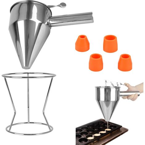 Kolbentrichter – Edelstahl – Teigspender Mit Präziser Dosierung Und 4 Düsen Für Pfannkuchen Und Kuchen – Silber – 23 X 18 X 15 Cm