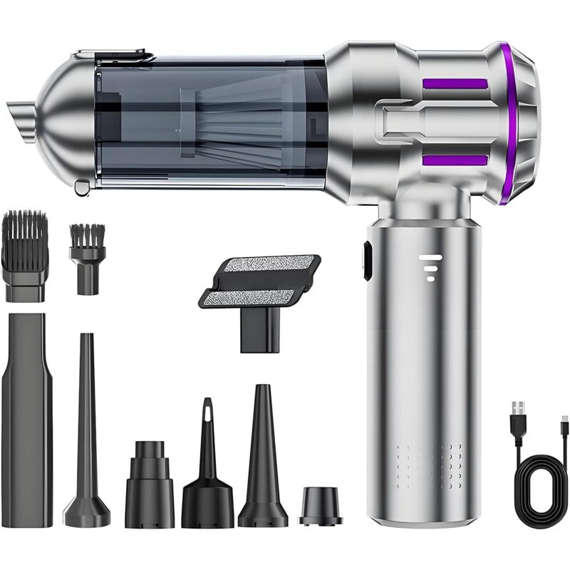 Handstaubsauger – Autostaubsauger 16.000 Pa, 100 W – Usb-aufladbar – 3 Geschwindigkeitsstufen – Mehrere Düsen – Silber