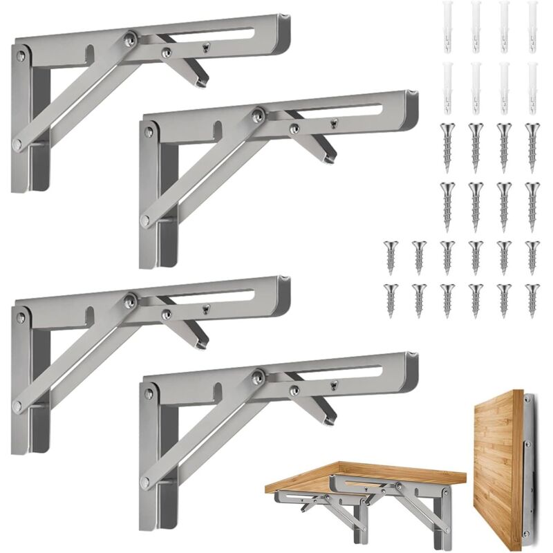 Set Mit 4 Klappbaren 20-cm-halterungen, Teleskopische Wandregalhalterung Aus Edelstahl Für Garage Und Küche – Silber