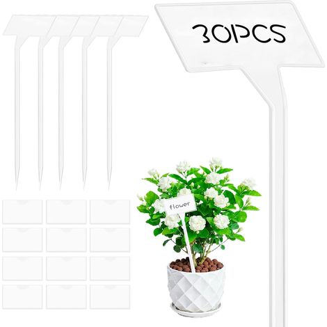 30 Pflanzenetiketten – Gartenetiketten – T-förmiger Ständer & 43 Transparente Schutzkarten Für Gemüsegarten, Obstgarten, Baumschule, Weiß, 9 X 4,5 X 30 Cm
