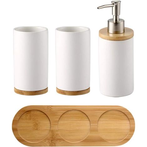 4-teiliges Badezimmer-accessoire-set Aus Keramik: Seifenspender, Zahnbürstenhalter, Becher, Bambustablett
