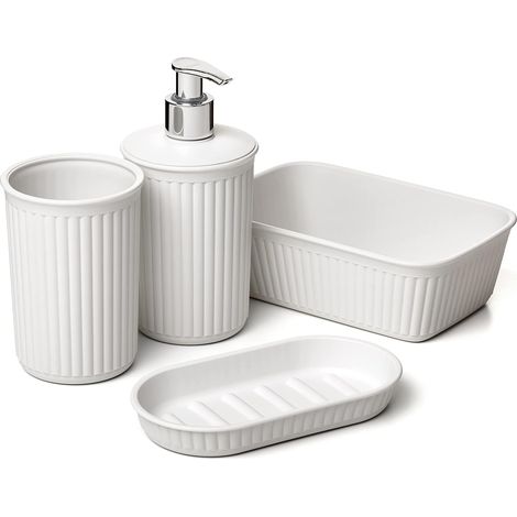 4-teiliges Badezimmer-set – Becher, Seifenspender, Seifenschale, Organizer – Modernes Design, Bpa-frei Für Zuhause – Weiß Pergamon – Verschiedene Größen