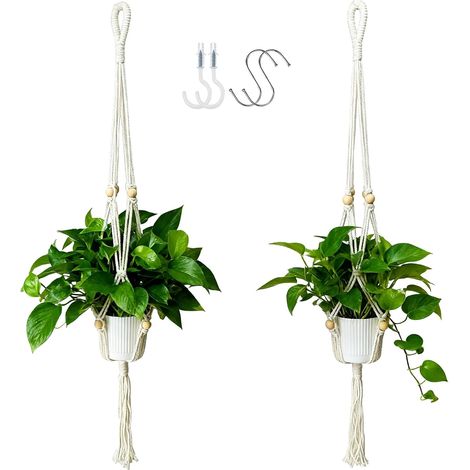 2er-set Hängepflanzenampeln – Makramee-pflanzenampeln – Boho-deko Mit Fransen Und Holzperlen – Für Wohnzimmer Oder Balkon – Weiß – 90 Cm
